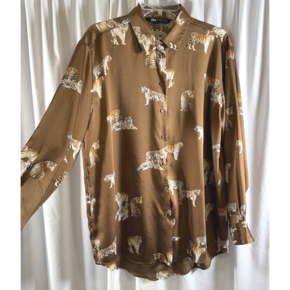 ZARA‎ Tiger Print Long Sleeve Button Down Shirt Women's L Brown Preppy  72-27 - Picture 5 of 15
